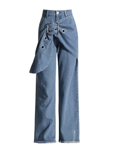 Light blue wide-leg jeans with metallic buckle detail and frayed hem on white background