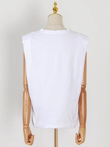 Minimalist white sleeveless muscle T-shirt with shoulder pads for women seen from behind