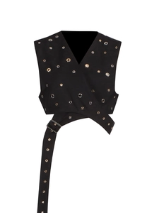 Chic black sleeveless wrap top with silver metal eyelets and long crisscross waist straps
