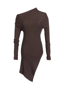 Elegant dark brown off-shoulder knit mini dress with asymmetric hem and long sleeves