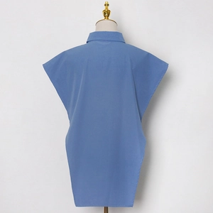 Vista posteriore di una camicia senza maniche azzurra con colletto classico e tessuto