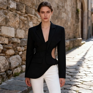 Detail of black slim blazer featuring asymmetrical waist cutout and silver metal buckle