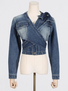 Fashionable dark blue wrap denim jacket with asymmetric cross design and metal buttons