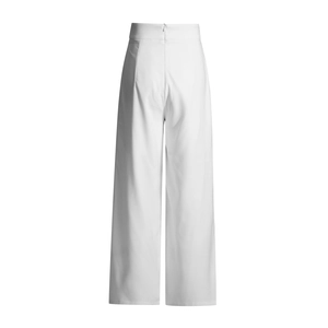 Vue arrière du pantalon large blanc à taille haute avec fermeture éclair invisible et tissu lisse