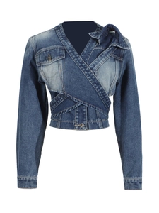 Fashionable dark blue washed cropped denim jacket with asymmetric wrap front and V-neckline