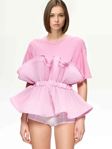 Women Short Sleeve Round Neck T-Shirt Pleated Ruffle Peplum Hem Slim Fit Elegant Commute T-Shirt Top Patchwork Fashion Top