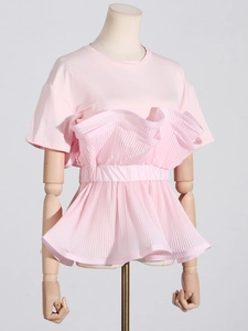 Chic pink peplum T-shirt for women featuring layered ruffles and pleated waist details