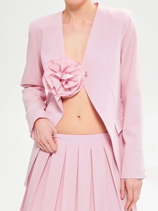 Women Sexy V-Neck Blazer Jacket With 3D Flower Patchwork Design Long Sleeve Polyester Slim Fit Outwear Fashion Top