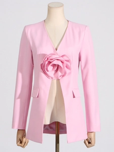 Pink V-neck slim blazer featuring a large 3D fabric rose flower and waist pockets