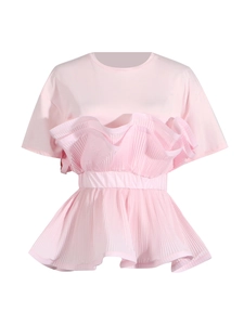 Elegant slim fit pink T-shirt with ruffled peplum hem and round neck design for women