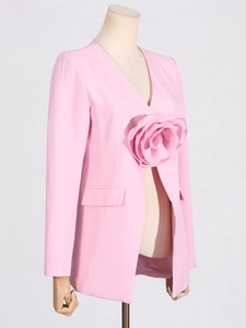 Pink cropped blazer with 3D floral accent and V-neckline long sleeves for women