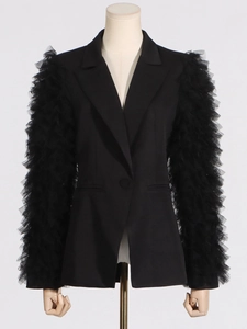 Chic black blazer for women featuring unique pleated mesh tiered flare sleeves and slim fit