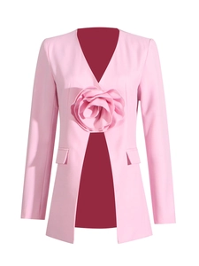 Pink slim fit blazer for women featuring a V-neck and large 3D rose floral design