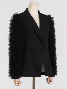 Fashionable black blazer for women with artistic pleated mesh sleeves and slim fit design