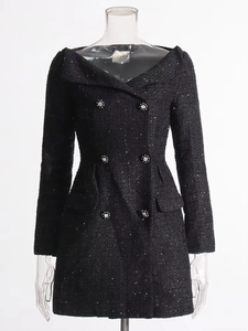 Elegant off-shoulder black tweed dress with crystal flower buttons and glitter details