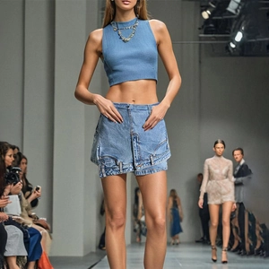 Détail du haut court en tricot bleu et jupe en jean avec taille double superposée