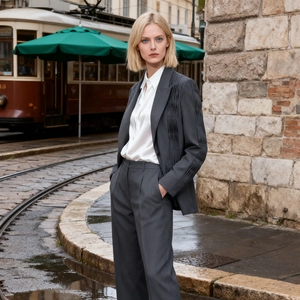 Detailed view of grey suit jacket with pleated side design on a European street background