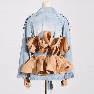 Detailed back view of a denim jacket featuring khaki pleated ruffles and a waist tie belt