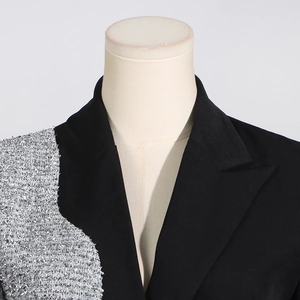 Detail of contrast sequin stitching on shoulders and lapels of black blazer jacket