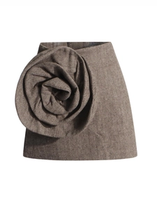 Elegant brown herringbone mini skirt featuring a large 3D fabric rose floral detail