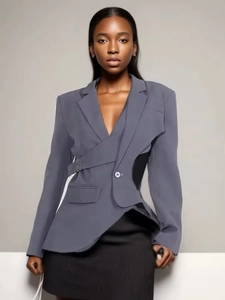 Chic dark gray asymmetric blazer with side buckle and cut-out design for women