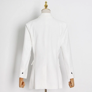Slim fit white blazer for women showing back view with tailored waist and sleeve buttons