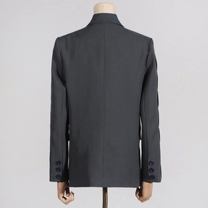 Detailed back view of charcoal grey blazer showing slim fit tailoring and cuff button details