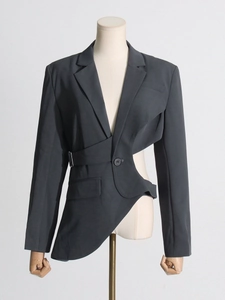 Slim fit asymmetric blazer for women with cutout waist design and metal buckle detail