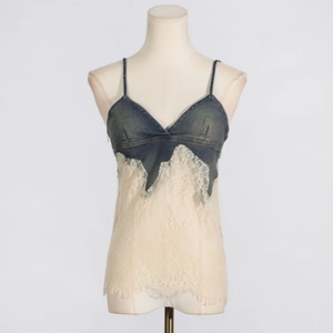 Detail of the lace patchwork design and denim bodice on the women's slim camisole top