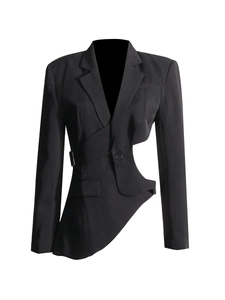 Asymmetric black blazer with waist cutout design and elegant tailored fit for women