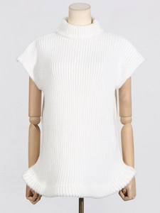 Minimalist white high-neck sleeveless knitted vest sweater with vertical rib knit texture