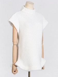 White sleeveless turtleneck knit sweater with vertical ribbing and rolled hem for women