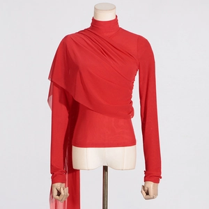 Detail of red slim-fit mesh top featuring a high neck and asymmetric draped design