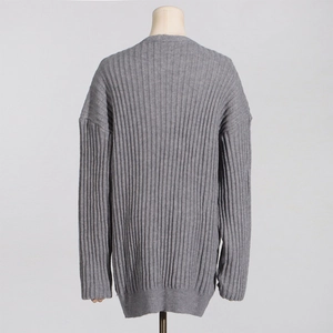 Detail of grey ribbed knit cardigan showing the soft vertical texture and relaxed drop shoulder