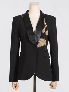 Chic black slim-fit blazer set with gold beaded leaf pattern and satin shawl collar