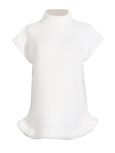 Chic ivory knit sleeveless turtleneck sweater with vertical ribbed texture and ruffled hem