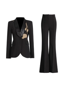 Women's black suit set with sequined leaf embroidery and flare trousers two-piece outfit