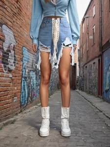 High-waist light blue denim shorts with distressed ripped holes and cross lace-up detail