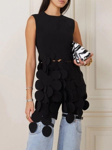 Haut de Gilet Sans Manches à Col Rond Élégant pour Femme Couleur Unie Design Gland Épissage de Disques Robe de Soirée