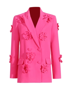 Chic pink double-breasted women's blazer featuring premium 3D floral applique designs