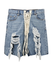 High waist denim shorts with lace-up tie design and distressed ripped fringe details
