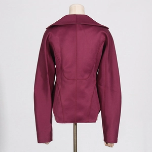 Detail view of the back of a slim fit magenta jacket featuring sharp tailored paneling