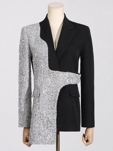 Slim fit long sleeve blazer with asymmetric black fabric and silver sequin patchwork