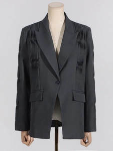 Dark grey pleated blazer for women featuring structured shoulders and oversized fit