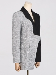 Slim fit long sleeve blazer for women featuring black fabric and silver sequin patchwork