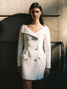 White tweed off-shoulder blazer dress with long sleeves and elegant jewel buttons