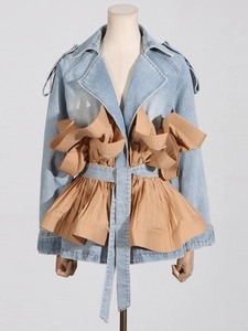 Chic blue denim jacket for women featuring khaki ruffled hem and waist tie design