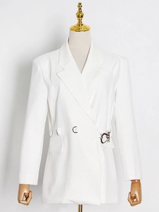Elegant white slim-fit blazer with unique waist metal buckle closure and peak lapel design