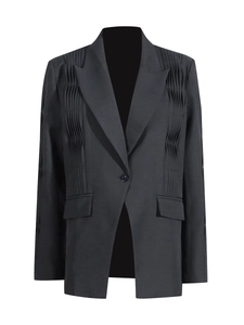 Fashionable dark grey blazer for women featuring unique vertical pleated texture and slim fit