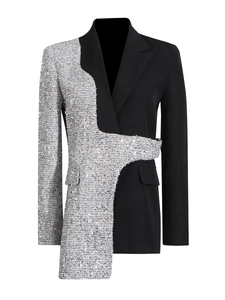 Women's slim fit blazer featuring asymmetric black fabric and silver sequin patchwork design